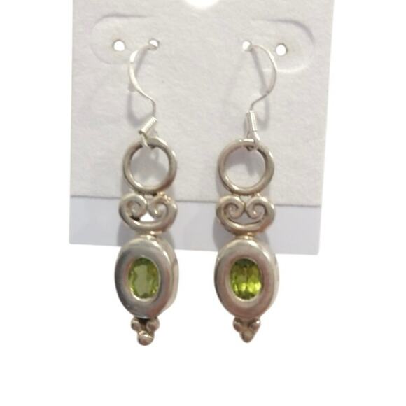 Vtg 925 Sterling Silver Oval Cut Peridot Dangle Drop Earrings Hook Art Nouveau - Picture 1 of 9